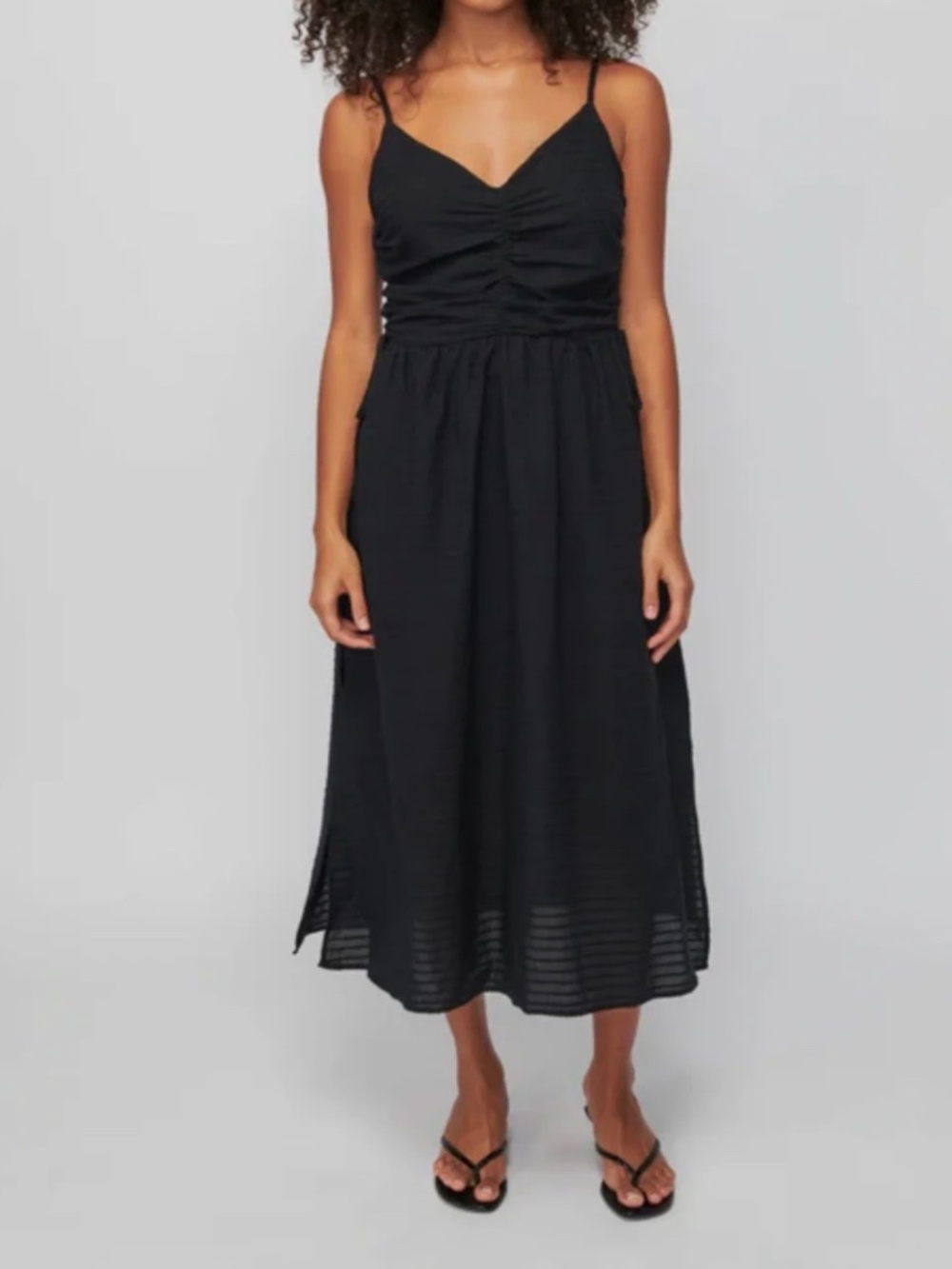 Nation LTD Dress Peppa Ruched Sundress Jet Black Midi Size Medium Linen Cotton